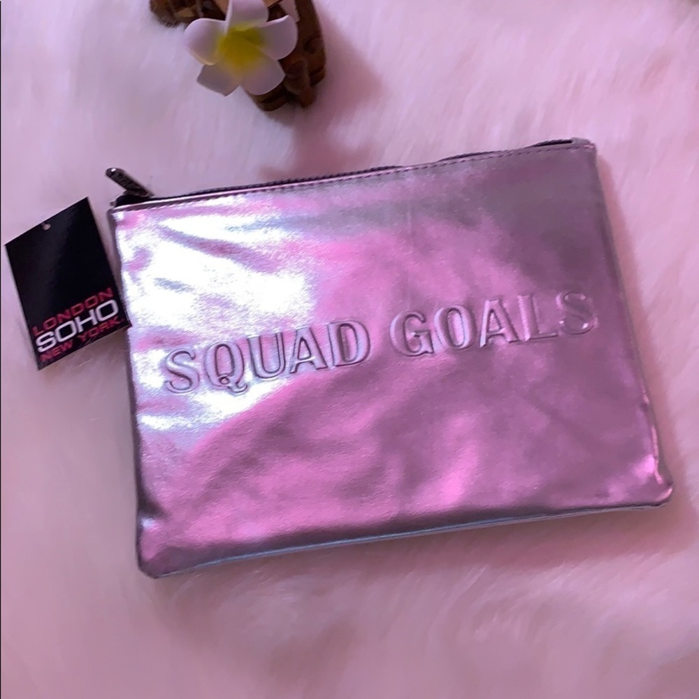 LONDON SOHO NY SHINY SILVER “Squad Goals” CLUTCH HYGIENE MAKEUP BAG - Picture 3 of 6